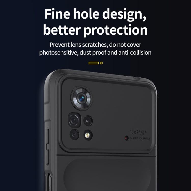 Dark phone case with fine-hole textured bumper and raised camera lens openings
