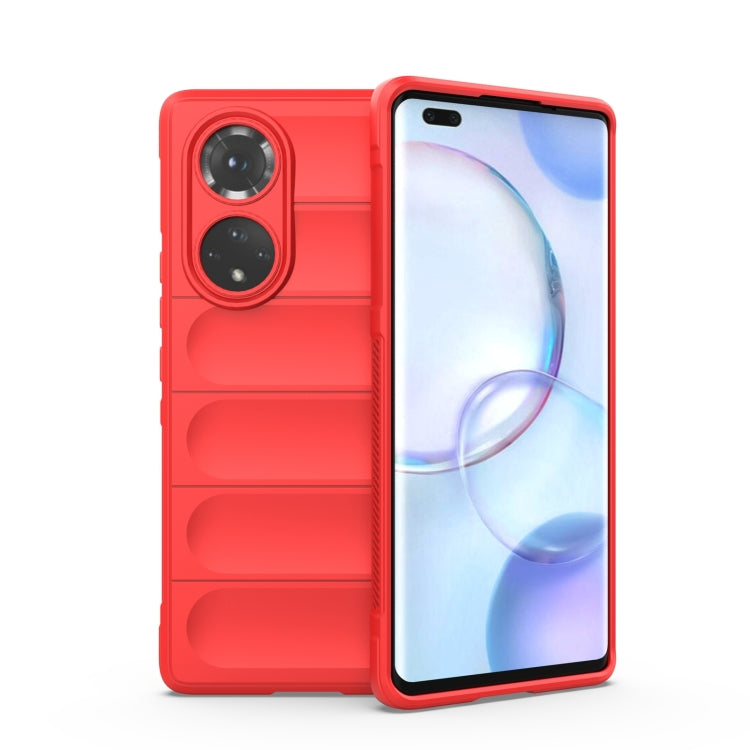 Red TPU phone case with flannel lining, dual camera cutouts, raised edges