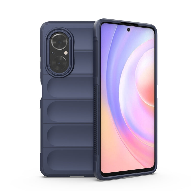 Dark blue TPU phone case with flannel lining, dual camera cutouts, raised edges