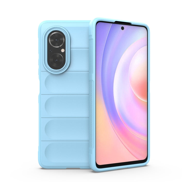 Sky blue TPU phone case with flannel lining, dual camera cutouts, raised edges