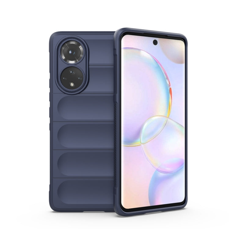 Dark blue TPU phone case with raised ridges and dual camera cutouts