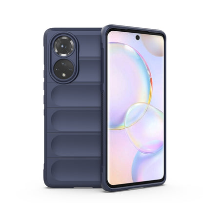 Dark blue TPU phone case with raised ridges and dual camera cutouts