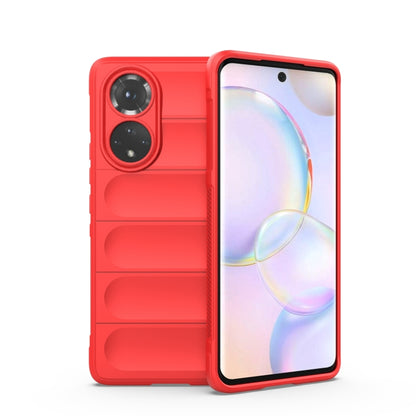 Red TPU phone case with flaps and camera cutouts, with raised screen border