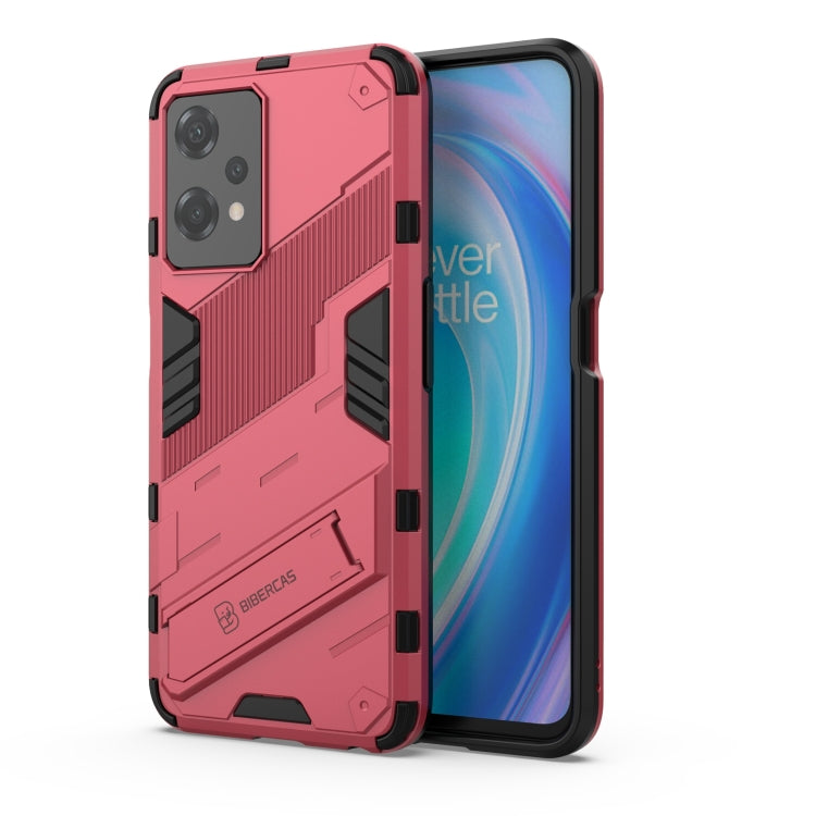 Light red shockproof phone case with kickstand, rugged armor texture, phone back cover