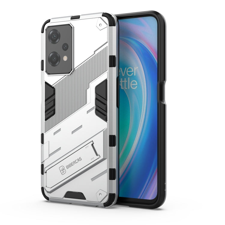 White shockproof phone case with kickstand, rugged armor pattern, protective back cover