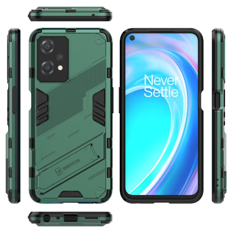 Green shockproof phone case with kickstand, rugged armor look, front and side views