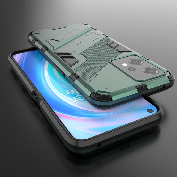 Rugged shockproof phone case with kickstand, green armor style, with phone installed