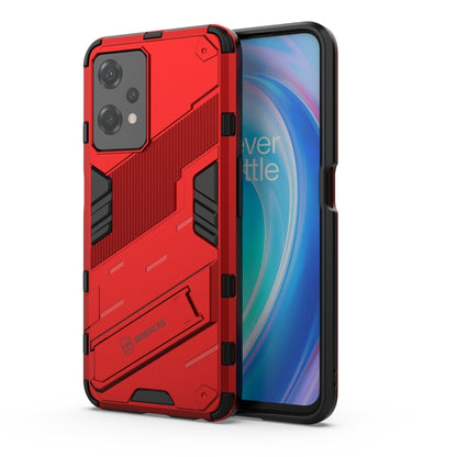 Red shockproof phone case with kickstand, rugged armor pattern, protective phone case