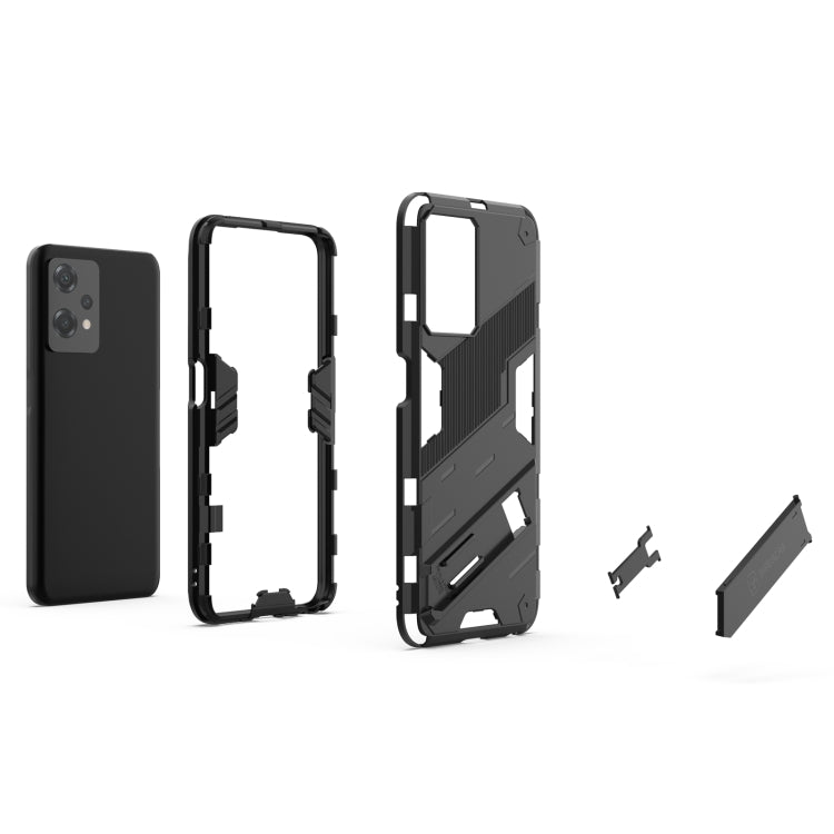 Rugged shockproof phone case with hidden holder, black; parts shown