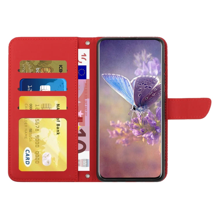 Red folio phone case with card slots and flip cover; phone screen visible
