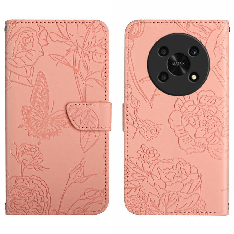 Light pink embossed leather folio phone case with floral butterfly pattern and side strap