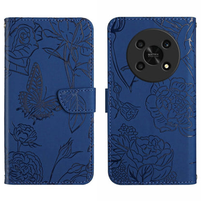 Blue embossed butterfly peony leather phone case with folio flap and card slot