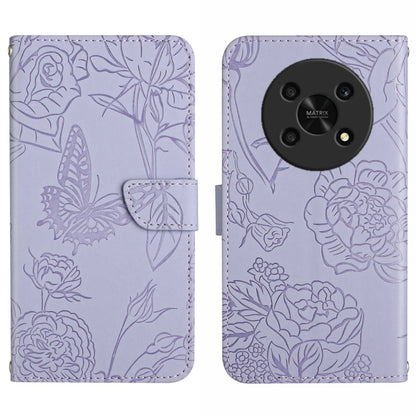 Lavender embossed butterfly peony leather phone case with folio flap and card slot