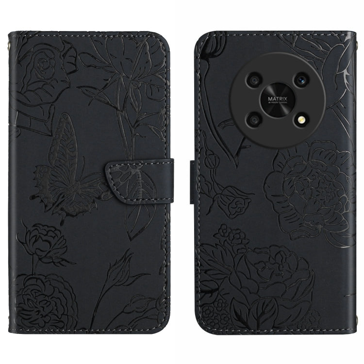 Black embossed butterfly peony leather phone case with folio flap and card slot