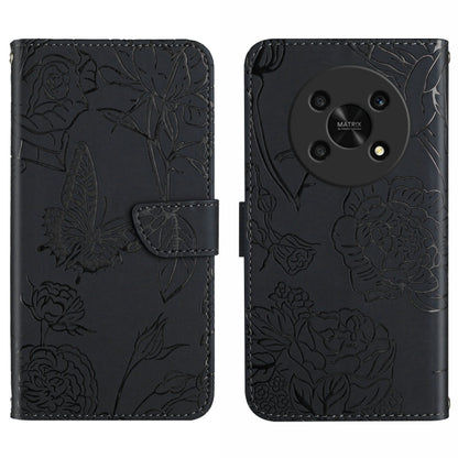 Black embossed butterfly peony leather phone case with folio flap and card slot