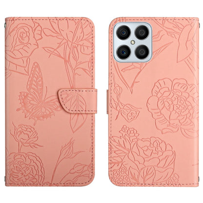 Pink embossed butterfly peony leather phone case with folio flap and card slot