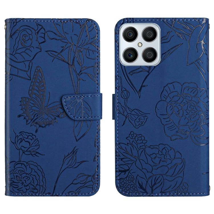 Blue embossed butterfly peony leather phone case, front folio flap and rear camera openings