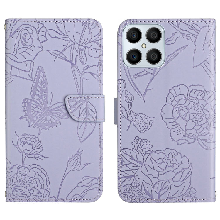 Lavender embossed butterfly peony leather phone case, front flap and rear camera cutouts