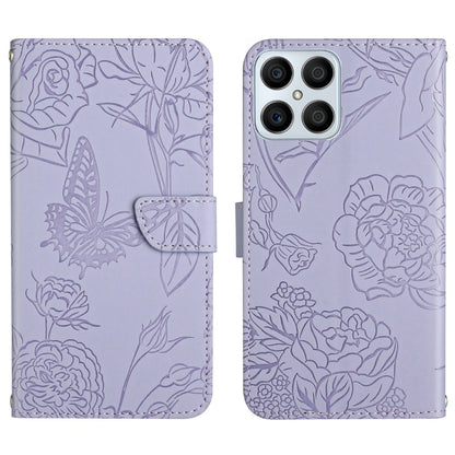 Lavender embossed butterfly peony leather phone case, front flap and rear camera cutouts