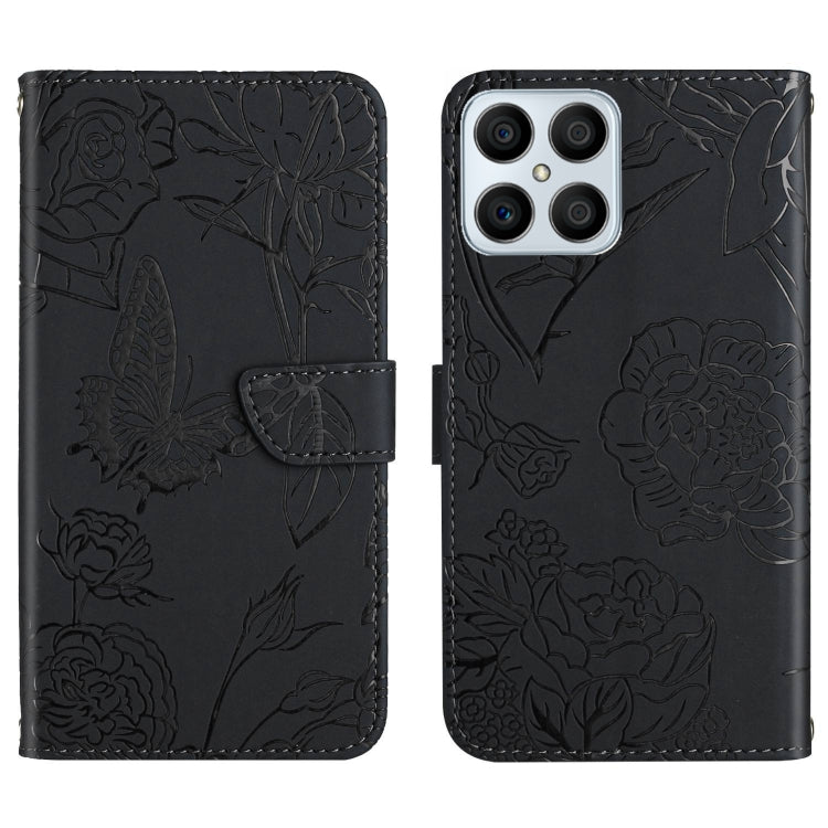 Black embossed butterfly peony leather phone case, front folio flap and rear camera openings