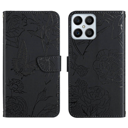 Black embossed butterfly peony leather phone case, front folio flap and rear camera openings