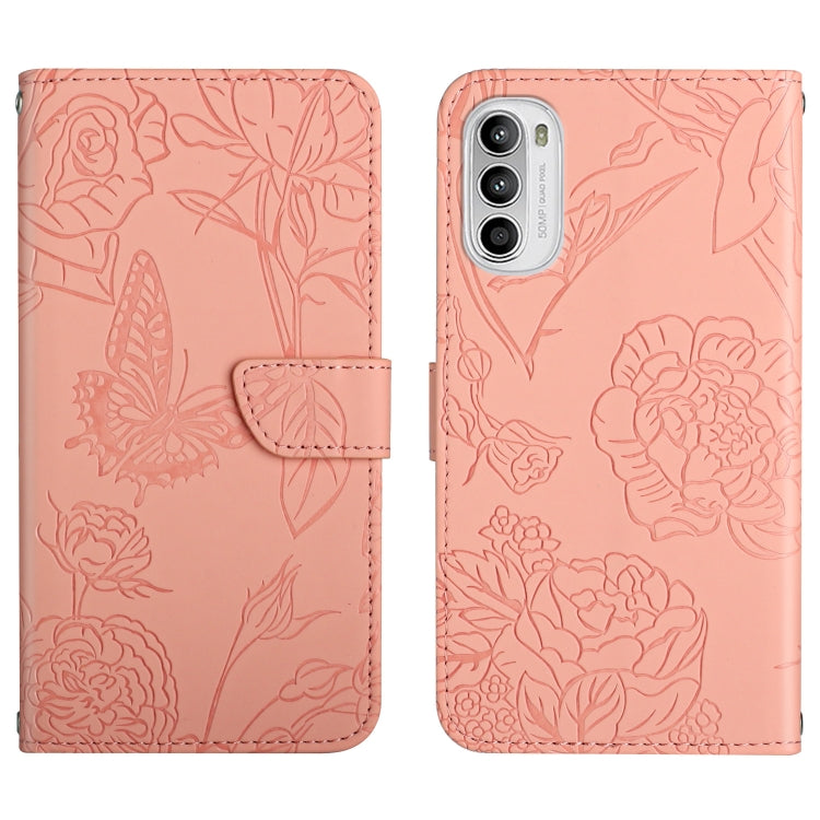 Pink embossed butterfly peony leather phone case, front flap and back camera cutouts