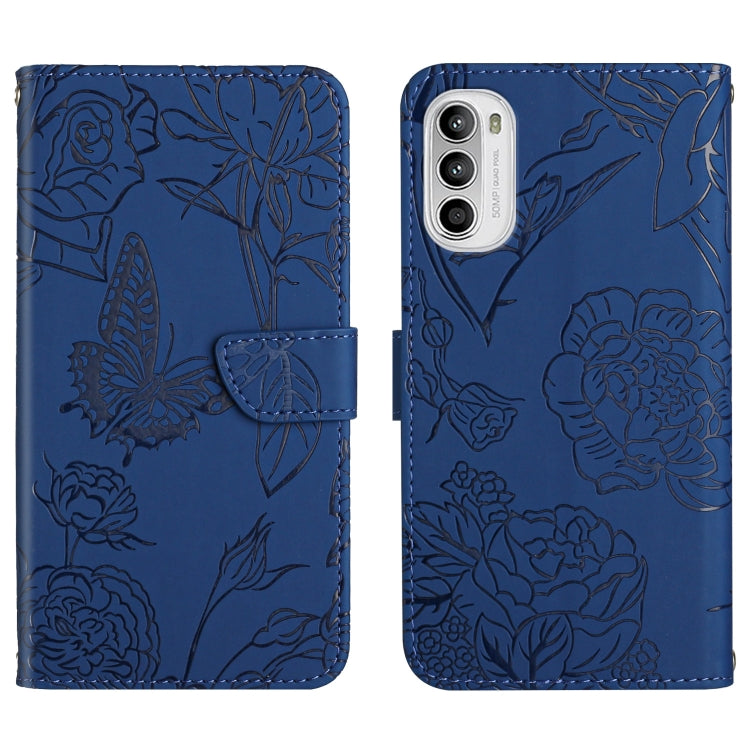 Blue embossed butterfly peony leather phone case with folio flap and card holder