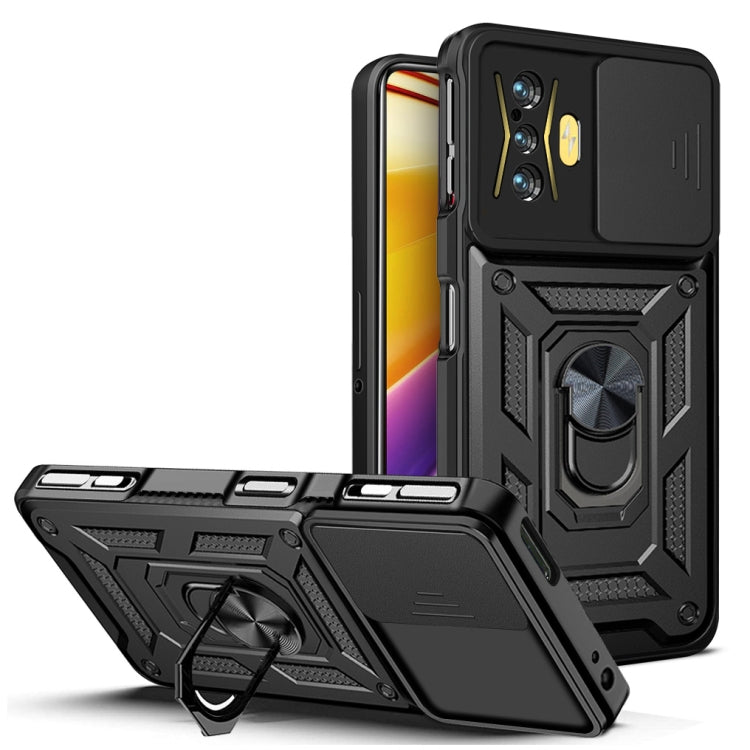 Sliding camera cover phone case with ring kickstand, black rugged TPU+PC design