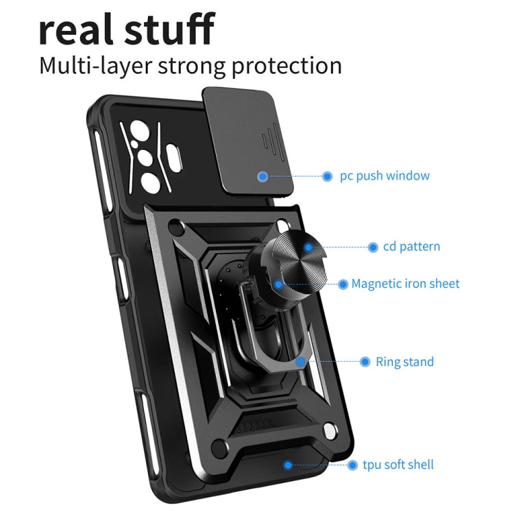 Black sliding camera cover phone case with magnetic-style ring stand and textured shell