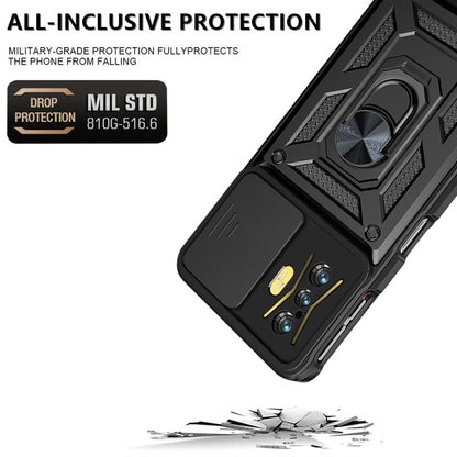 Black rugged sliding camera cover phone case with ring kickstand and camera cutouts