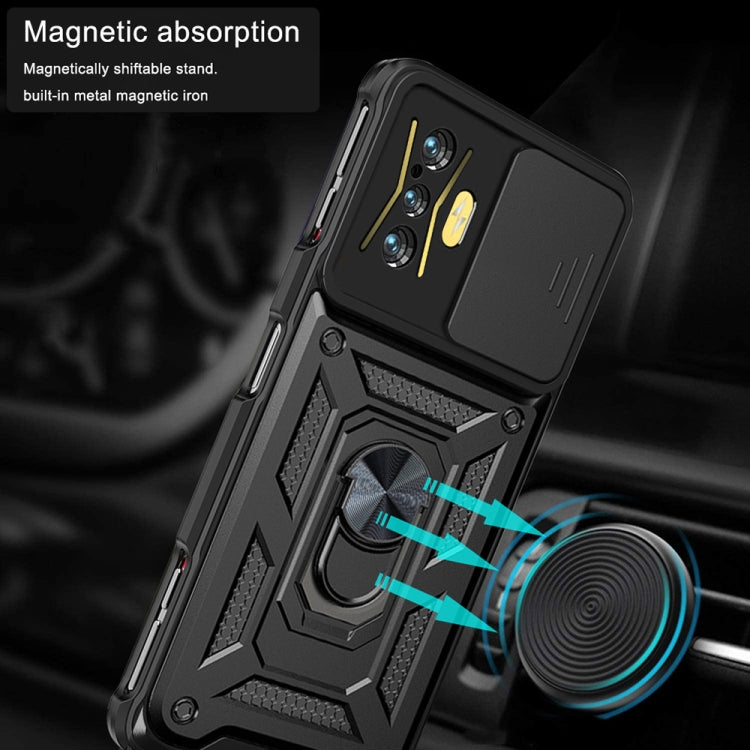Black sliding camera cover phone case with ring stand and reinforced textured frame