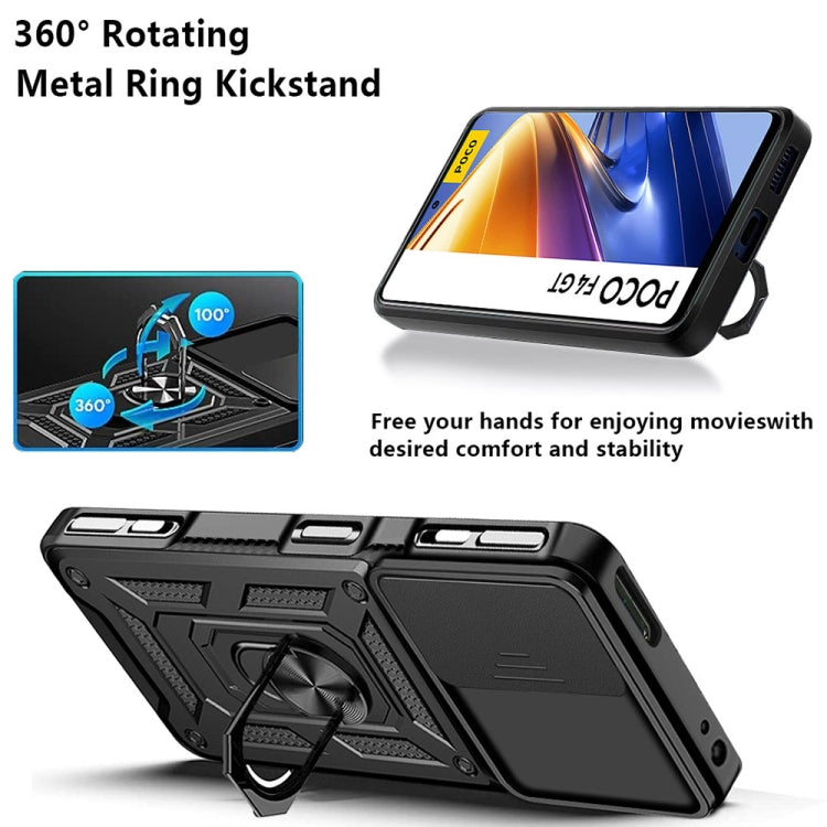 Black sliding camera cover phone case with 360° rotating ring kickstand, rugged frame