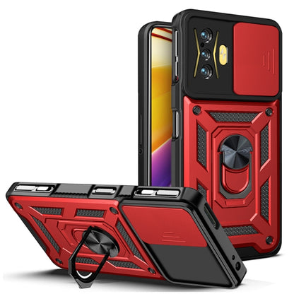 Sliding camera cover phone case with ring kickstand, red and black rugged design
