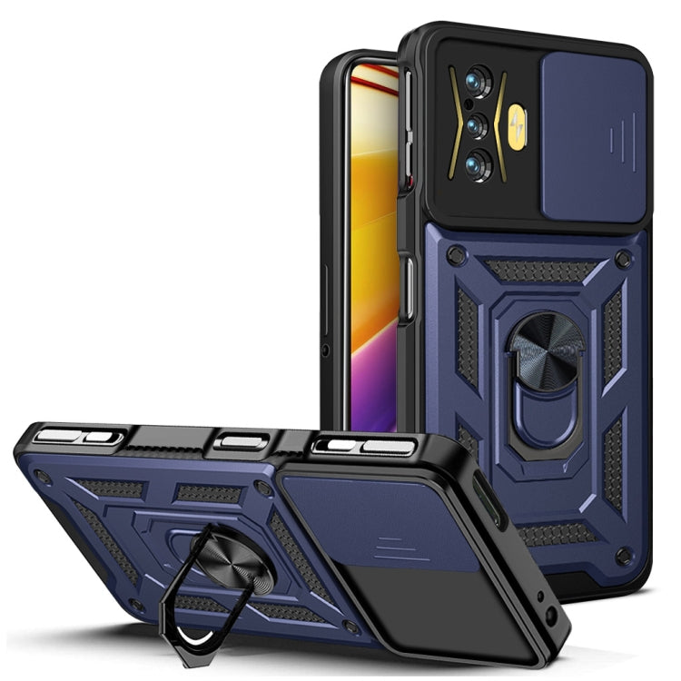 Sliding camera cover phone case with ring kickstand, blue and black rugged TPU+PC