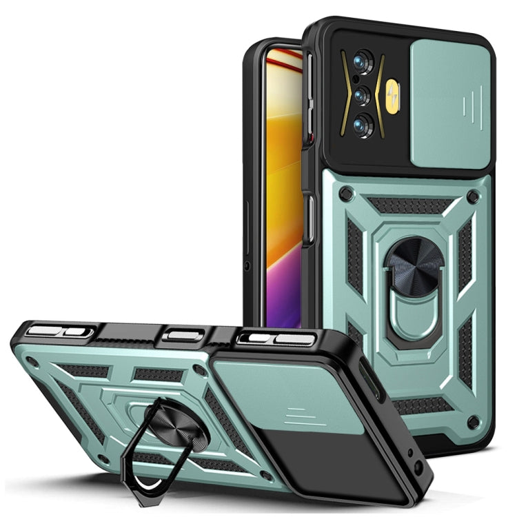 Sliding camera cover phone case with ring kickstand, mint green and black rugged design