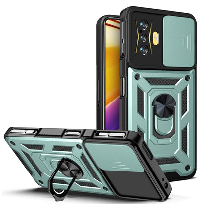 Sliding camera cover phone case with ring kickstand, mint green and black rugged design