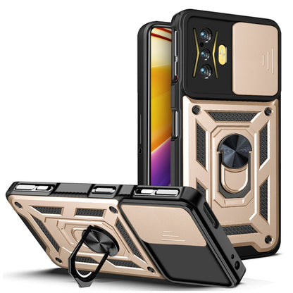 Phone case with sliding camera cover, gold-tone armor design, built-in kickstand ring