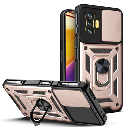 Phone case with sliding camera cover, gold-tone back panel, raised edges and kickstand