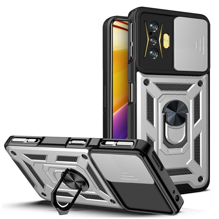 Phone case with sliding camera cover, gray-black rugged armor design, kickstand ring