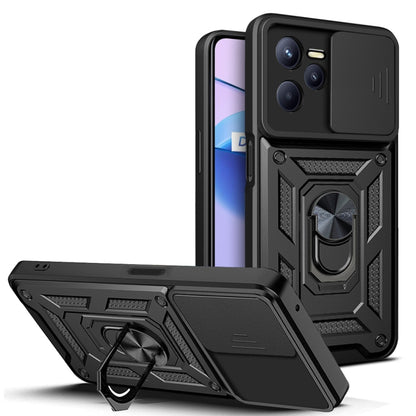 Phone case with sliding camera cover, black rugged armor design, built-in kickstand ring