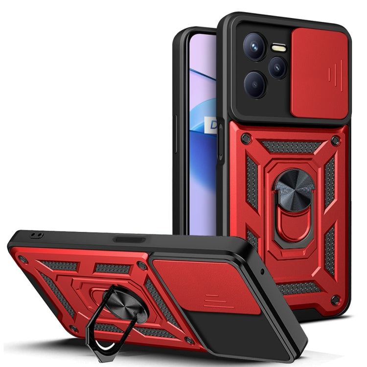 Phone case with sliding camera cover, red rugged armor design, kickstand ring support