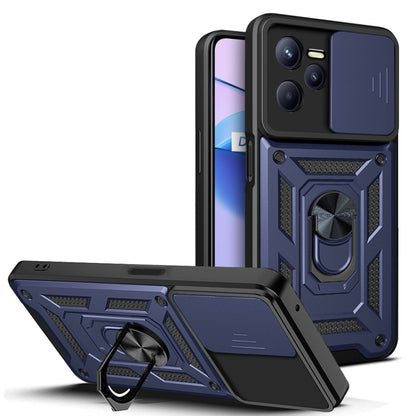 Phone case with sliding camera cover, blue rugged armor design, built-in kickstand ring