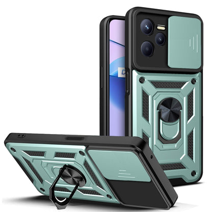 Phone case with sliding camera cover, green rugged armor design, raised edges and kickstand