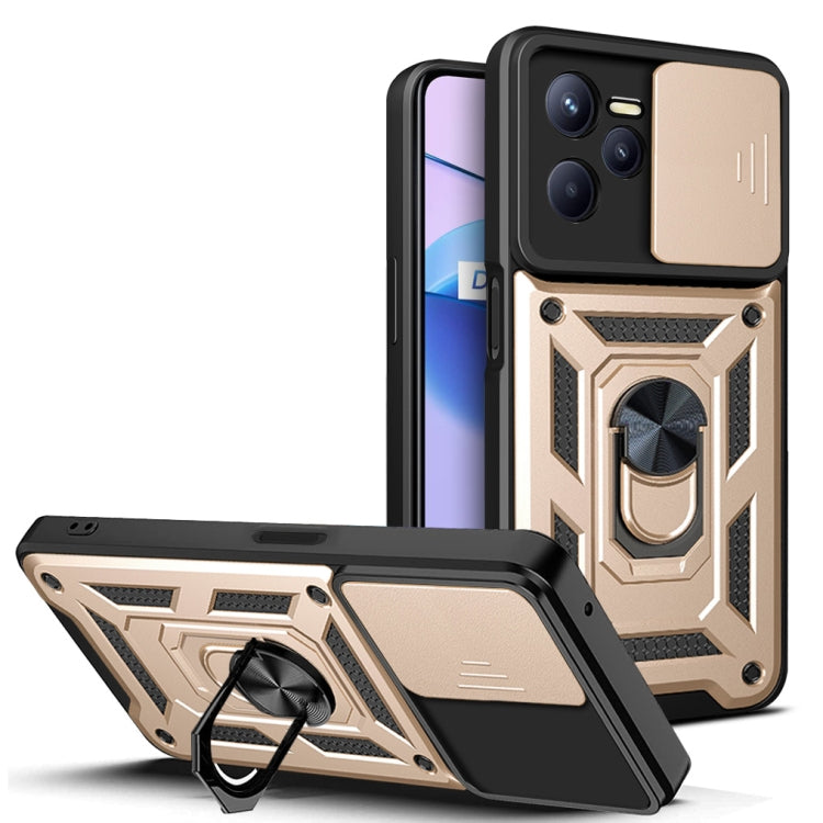 Phone case with sliding camera cover, rose-gold tone armor design, kickstand ring