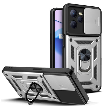 Phone case with sliding camera cover, silver-tone armor design, kickstand ring and grips