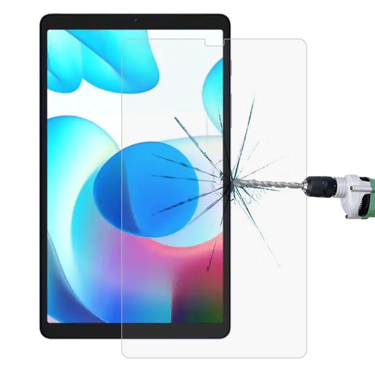 Tempered tablet glass screen protector film with impact crack on display