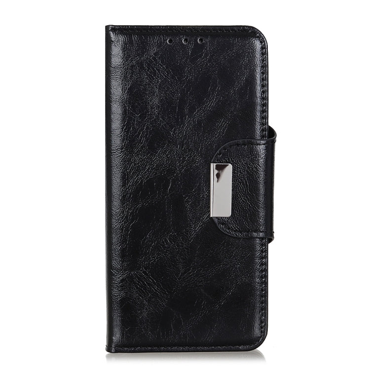 Black leather folio phone case with 6 card slots and metal clasp tab