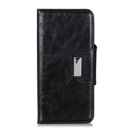 Black leather folio phone case with 6 card slots and metal clasp tab