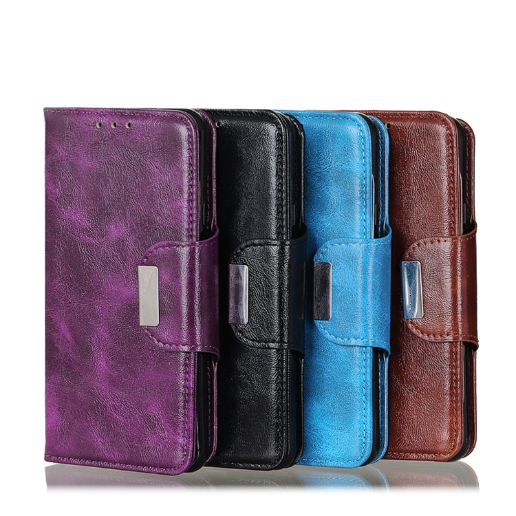 Leather folio phone cases in purple, black, blue, and brown with 6 card slots