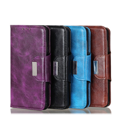 Leather folio phone cases in purple, black, blue, and brown with 6 card slots